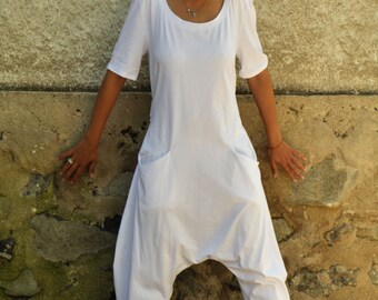 White Harem jersey Jumpsuit/Women casual jumpsuit/Loose jumpsuit/White romper/Oversize white jumpsuit/Plus size jumpsuit/Two pockets/G1253