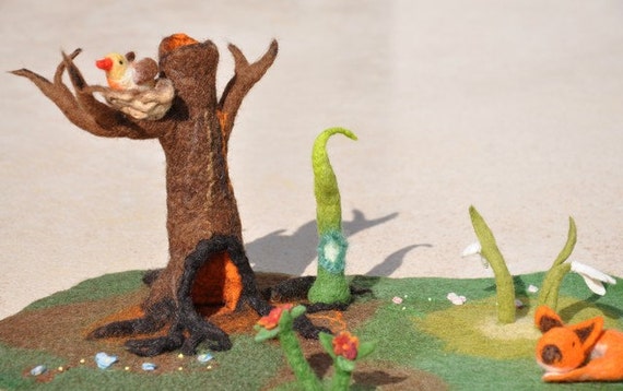 Felted Tree Nest Play Mat Waldorf Nature Season Table Landscape tree fox bird gnome snowdrop sprout