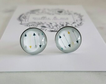 Arrow earrings, Arrow glass cabochon stud earrings, glass dome earrings, arrows, stainless steel, earrings, gift for her, glass earrings