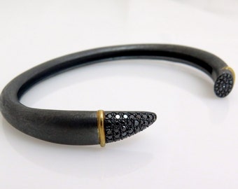 Black cuff bracelet, Oxidized silver bangle, Black diamond bracelet, 18k gold bracelet, Gold and silver bracelet, Unique silver bracelet