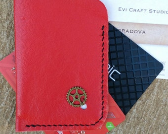 flat card wallet, Leather business Card Holder, credit card pocket, slim minimalist wallet, Steampunk wheel, Hand stitched red leather 37