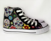 Sugar skull shoes, custom plimsolls, skull trainers, hi tops, rockabilly, day of the dead, sugar skull sneakers, gift for her, women shoes