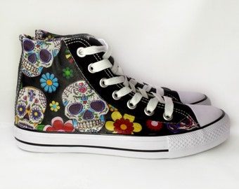 sugar skull Shoes fabric covered plimsolls, trainers, hi tops. goth punk alternative custom rockabilly shoes