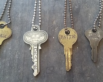 Hand Stamped Vintage Key Necklace - Personalized Key Necklace - Inspirational Key Necklace