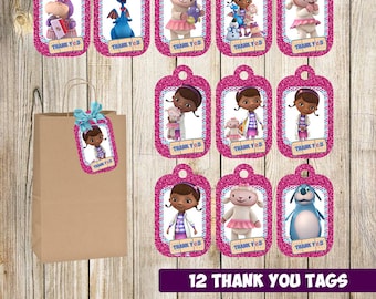 12 Doc McStuffins Thank you Tags instant download, Printable Doc McStuffins Thank you tags , Doc McStuffins Favor Label Tag