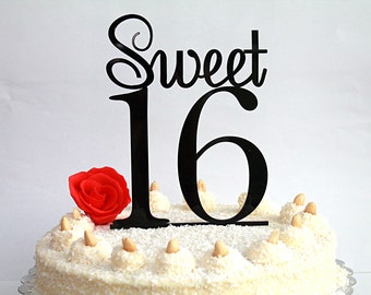 Sweet 16 Cake Topper,16th Birthday Cake Topper, Sweet Sixteen Cake Topper, Black Cake Topper, Happy 16th Birthday, Party Decor, Table Decor