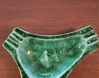 Mid-Century Ashtray of Molten Green Drip Glaze. 10 inches.