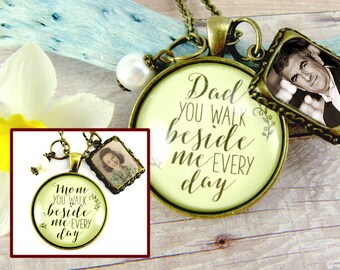 Memorial Necklace in Loving Memory of Mom or Dad, You Walk Beside Me Every Day Vintage Bronze Pendant, Bouquet Photo Charm Wedding Memory