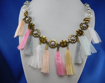 Multi Color Tassel Necklace,Antique Brass Necklace,Pearl Necklace,Brass & Pearl Jewelry,26" Necklace,Retro Victorian, OOAK, Unique,Free Gift