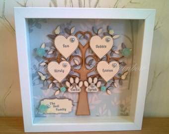 FAMILY TREE FRAME - Handmade Personalised Box Frame. Can be made with any colour backing, tree and hearts, to match your decor.