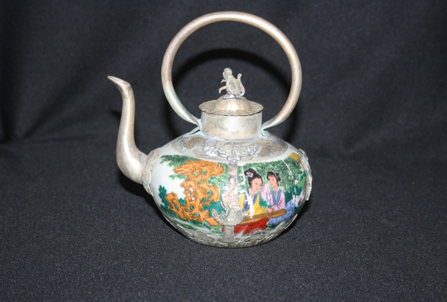 Vintage Transferware Porcelain Tibetan Silver Teapot Hand Made Tibet