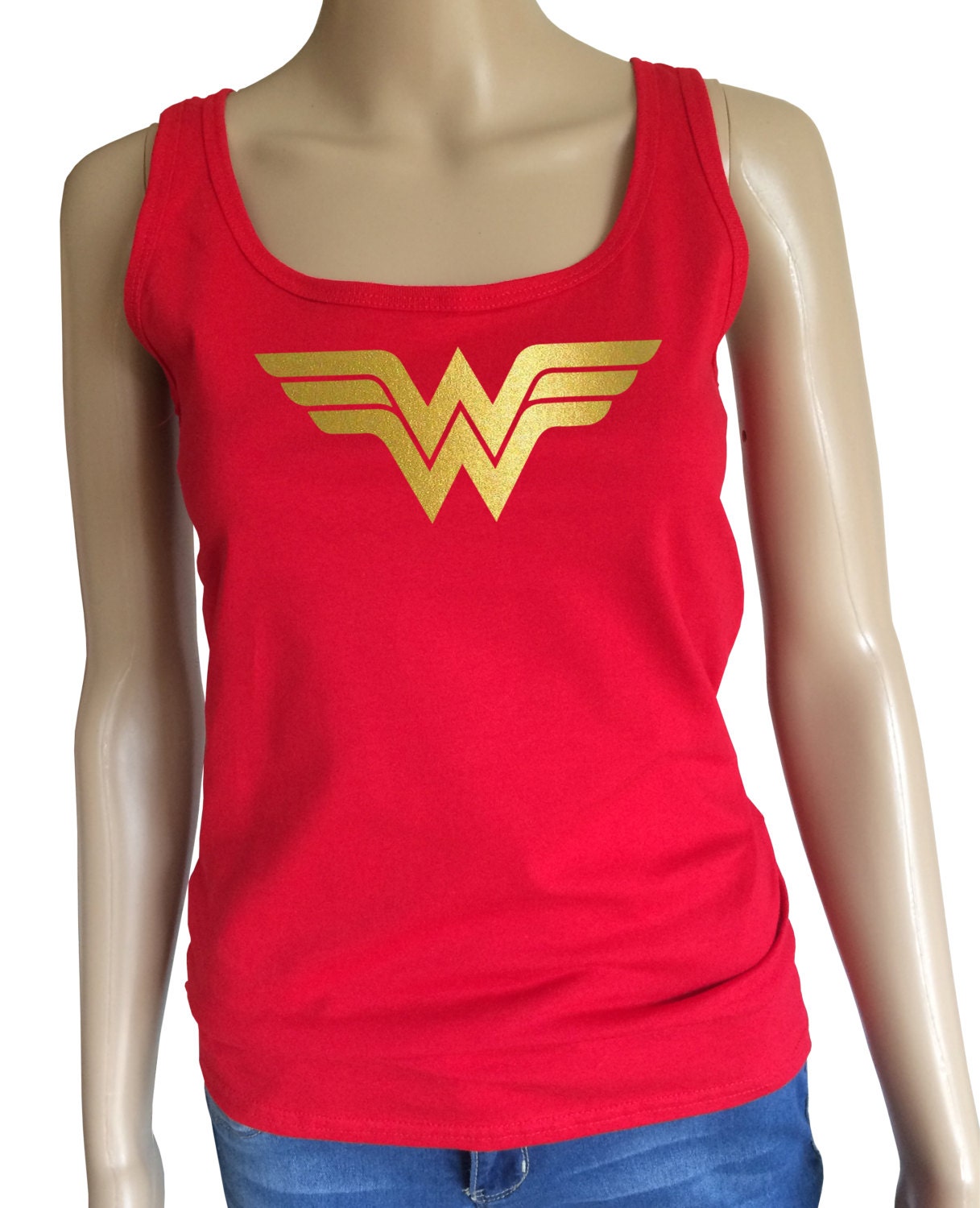 Womans Wonder woman tank top with shiny gold logo.