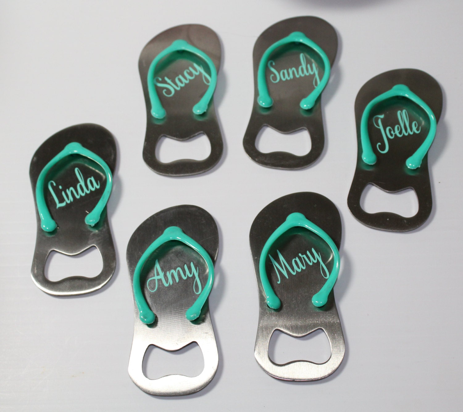 Personalized flip flop bottle openers bride maids