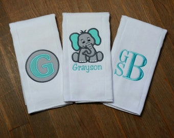 Personalized Burp Cloth Set- Personalized Baby Boy Elephant Burp Cloth Set - Gray and Teal Elephant Burp Cloth- Safari-Baby Shower Gift