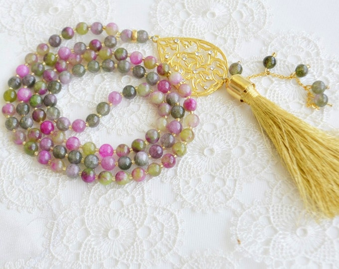 Mahaallah golden jade pendant, monk subhah,yellow seedbeads, marriage portion,hajj-eid gift, tassel beads.Ottoman design,colorful rosary.