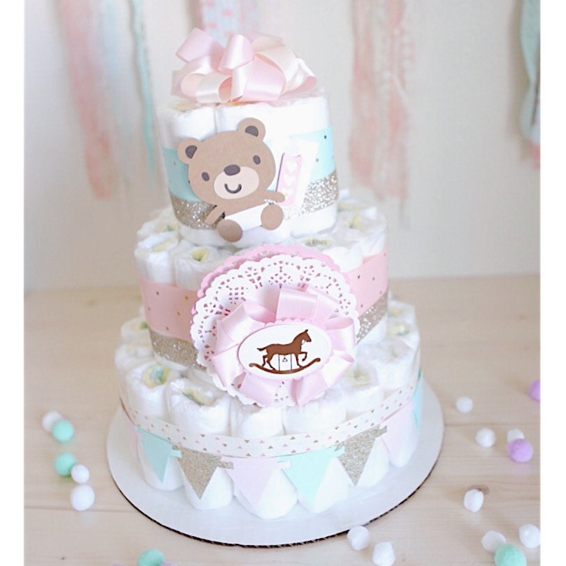 Bear & Rocking horse Diaper Cake for baby girl / by AngAngBabyUS