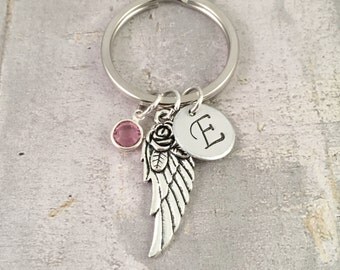 Personalized angel wing Keychain, memorial keychain, guardian angel keychain, Initial Charm keychain, In Memory of, Lost love, watch over me