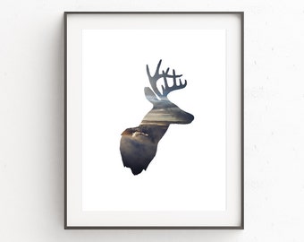 Stag Head Print, Deer Print, Deer Antler Decor, Cloud Photography, Deer Art, Instant Download Printable Art, Animal Art