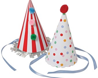 Party hats: Set of 8. Birthday hats. Striped party hats. Polka dot birthday hat. First birthday hat. Circus party hat.