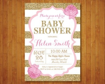 Pink and Gold Baby Shower Invitation. Pink Black Gold Glitter. Floral. Baby Girl Shower Invitation. Black Stripes. Printable Digital.