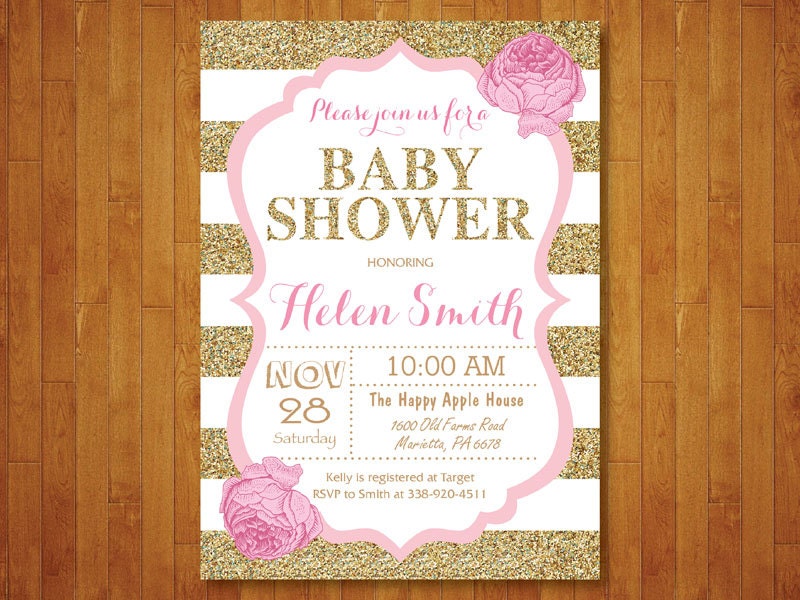 Pink And Gold Baby Shower Invitations Free 1