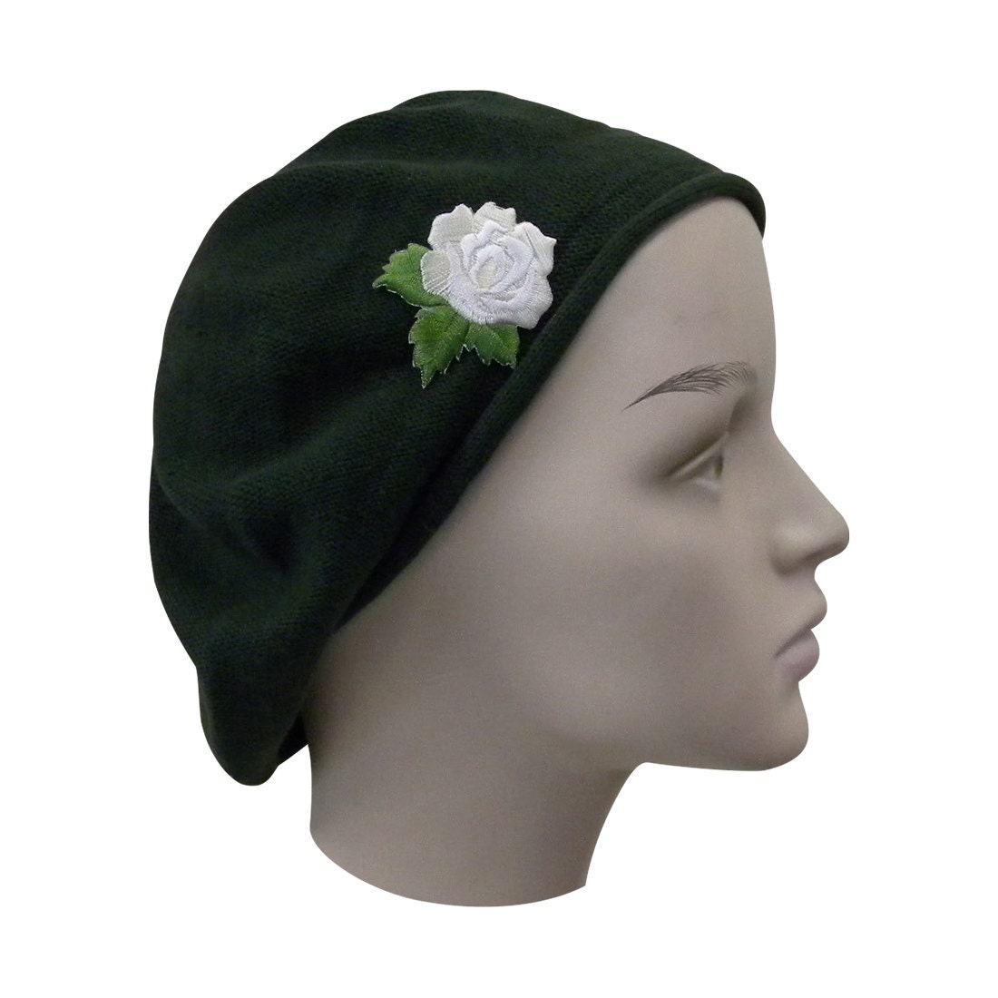 Ladies Dark Olive Green Beret Hat With an Embroidered Cream