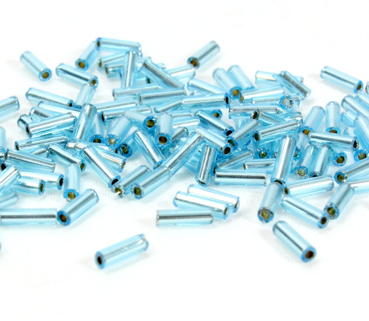 Sky Blue Bugle Beads. 24 Grams Blue Silver Lined Bugle Beads.