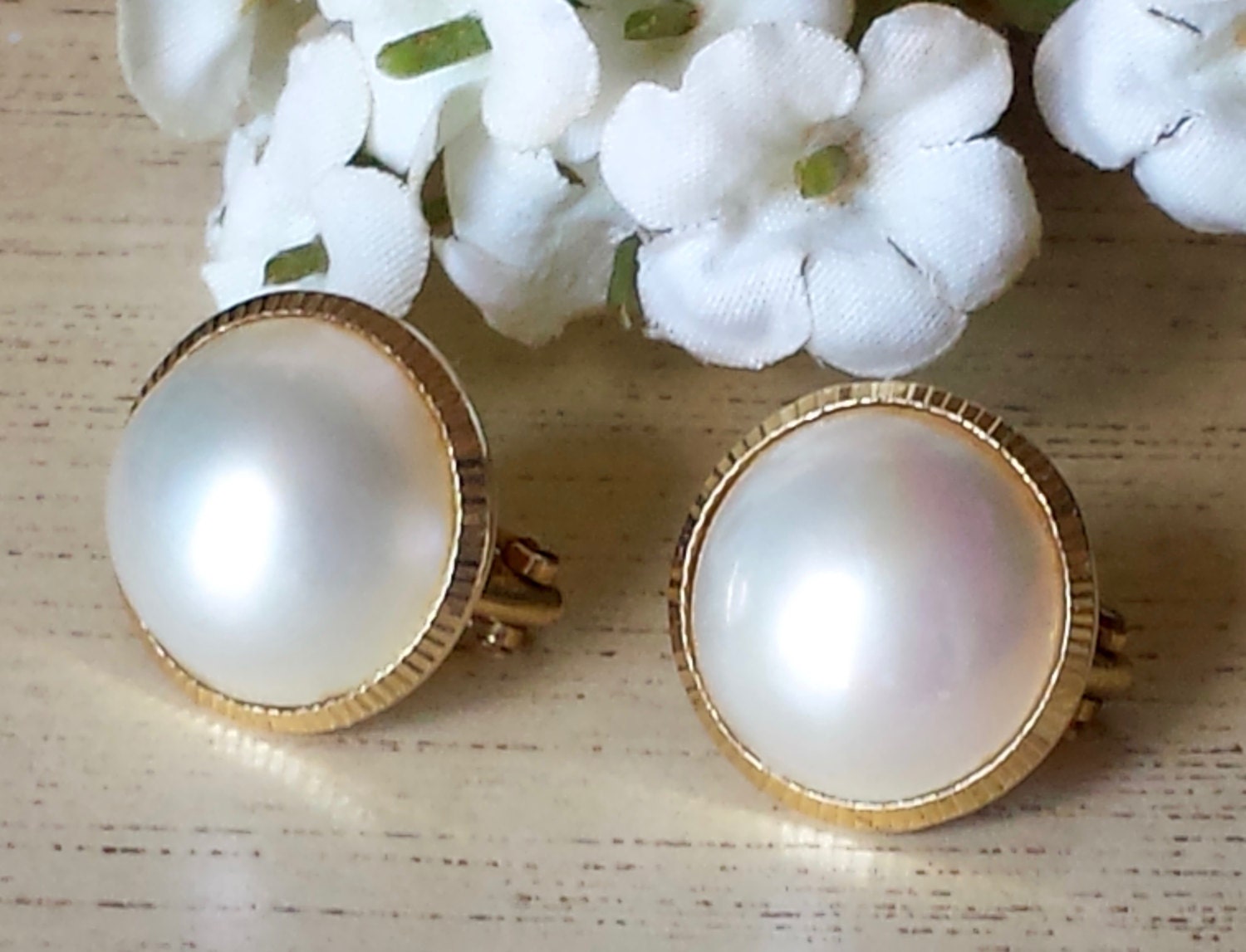 Mabe Pearl 14k Earrings Vintage 14k Mabe Pearl Earrings 