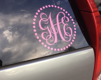 Circle Border Monogram- Monogram Decal-Dot Border Monogram-Monogram Car Decal-Polk A Dot Monogram-Yeti-Yeti Monogram Sticker-Pearl Decal