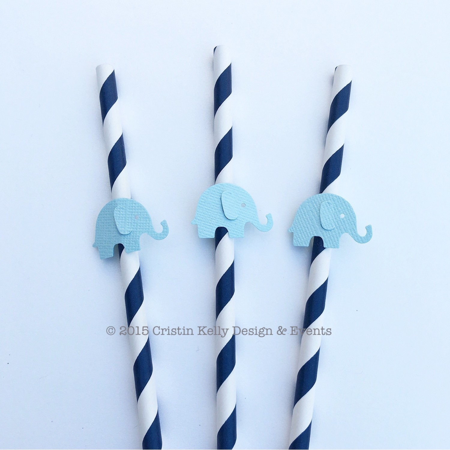 20 Elephant Paper Straws on Navy Stripe Straw. Birthday Party