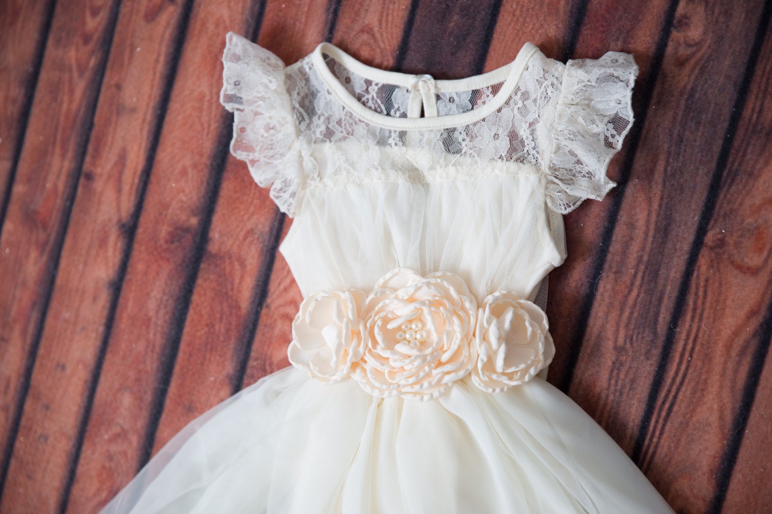 Cream Flower Girl Dress Tulle Sash Belt set Lace dress