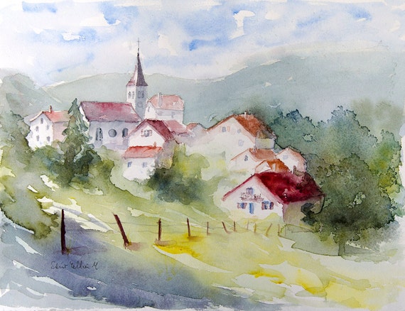 Aquarelle Originale Village En France Maisons Blotties Autour