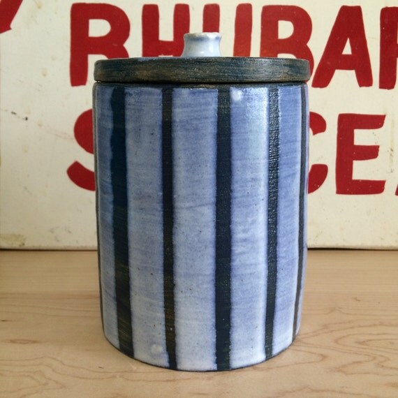 Blue and White Striped Ceramic Canister by nBaxterPottery on Etsy