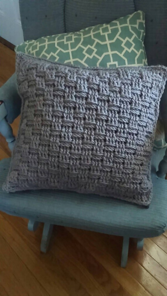 Grey basket weave throw pillow. Handmade by LittlejohnsYarn