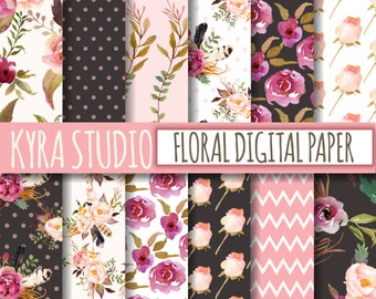 Floral Digital Paper Scrapbooking Shabby Chic Rose Pink Black Floral Flowers Leaves Polka Dot 12x12 Inches Printable papers 12 Sheets