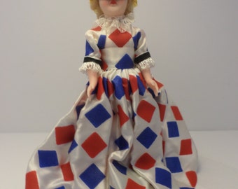 8" vintage 60's storybook doll Masquerade ball harlequin dress jester hat super cute on stand