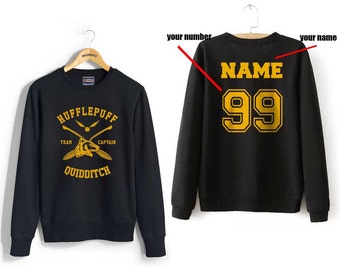 CAPTAIN - Custom name and number on back Hufflepuff Quidditch team Captain YELLOW front Black Crew neck Sweatshirt