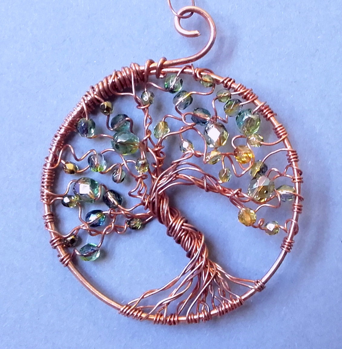 Wire wrapped copper tree of life with green/ yellow by InwardArt