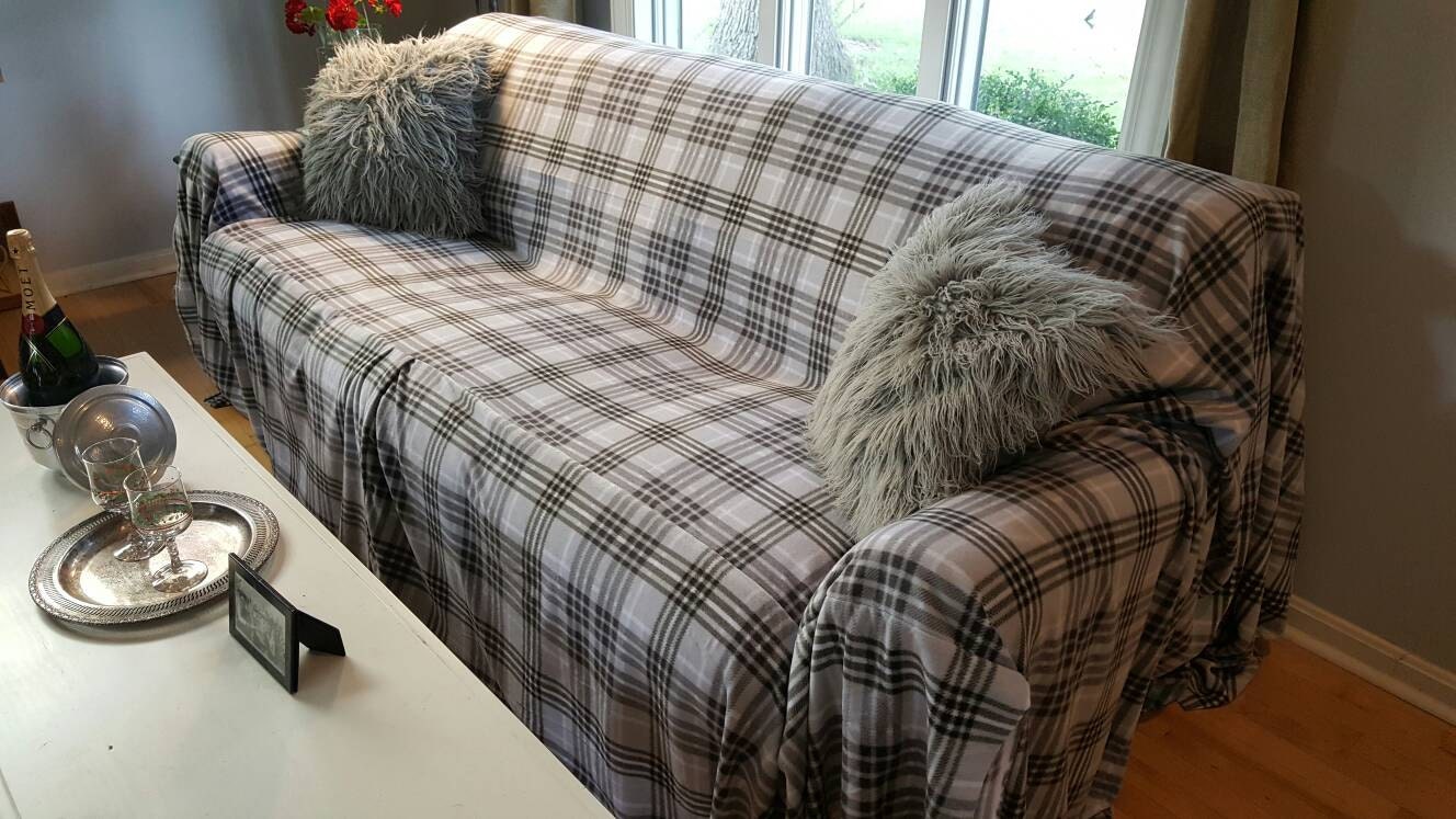 New Design NoPill Fleece Grey Plaid Couch Slipcover/SofaScarf