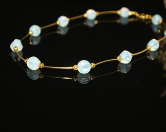 Moonstone Beads with Golden Tubes and Beads Handcrafted Short Necklace