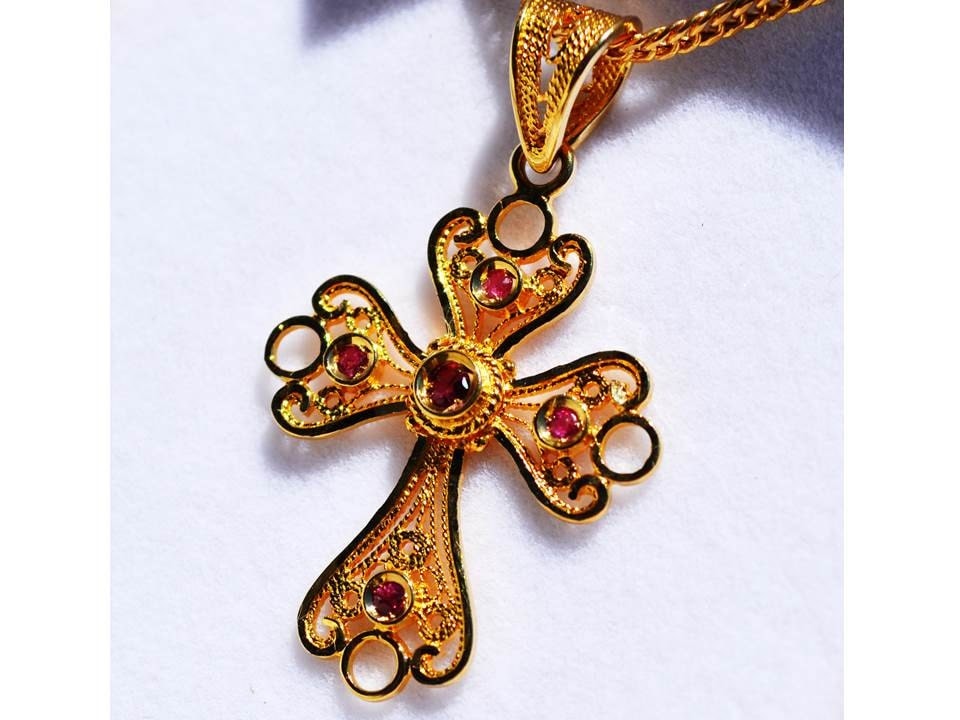Solid 18K Gold Byzantine Cross with Real Red Rubies by KANTILAKI