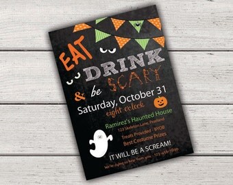 Halloween Party Invitation, Eat Drink & Be Scary, Halloween Party Invites, Chalkboard Halloween Invites, Printable Halloween Invitation, diy