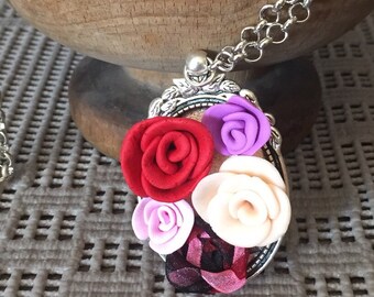 Necklace with rose-style pendant "cameo"-handmade fimo long necklace-colorful roses