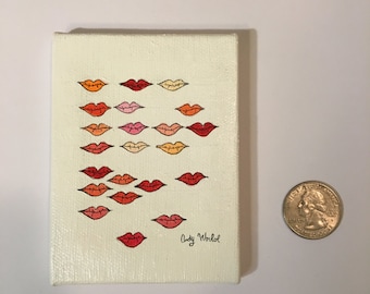 Miniature Painting Andy Warhol Stamped Lips Tiny Painting Miniature Art