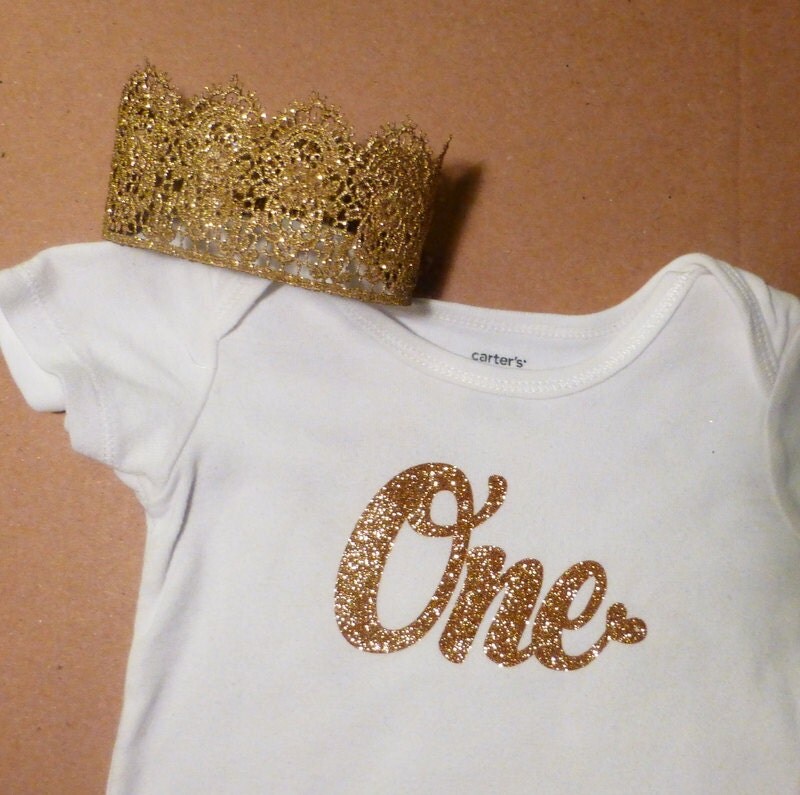 Baby Girls Gold Glitter One Onesie and Gold Glitter Lace Crown