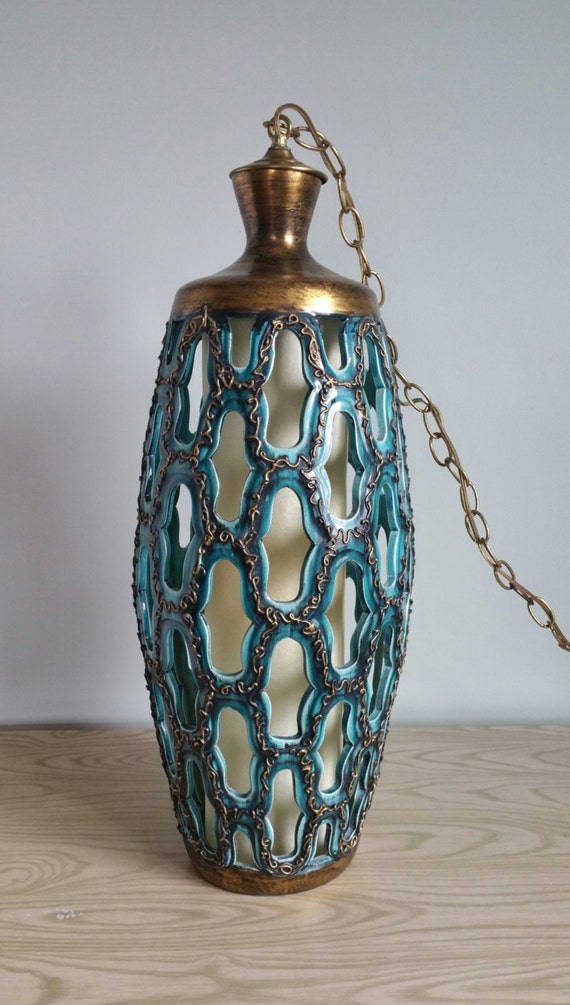 Retro Mid Century Hanging Chain Lamp Ceramic Gold Blue
