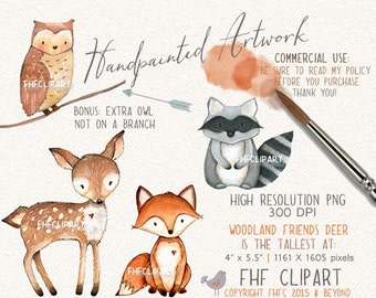 Woodland Animals Digital Clip Art | Raccoon Fox Owl Deer Forest Friends Digital Clipart | Personal & Commercial Use | Use in invitations etc
