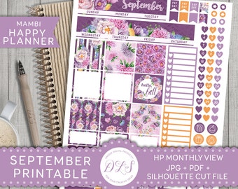 SEPTEMBER Mambi Monthly View Happy Planner Kit Purple Flowers Fall Planner Stickers Mambi Printable Silhouette Cut File JPG PDF Hpmv104