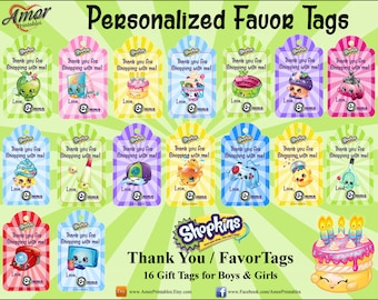 Personalized Shopkins Thank you Favor Gift Tags, Party Printables, Printable Favors, Printable Tags