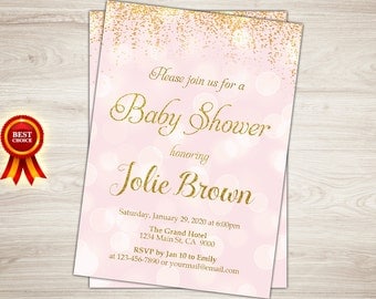 Pink and Gold Baby Shower Invitation. Girl Gold Confetti Baby Girl Shower Invitation. Pink Gold Polka Dots Shower Invite. Printable Digital